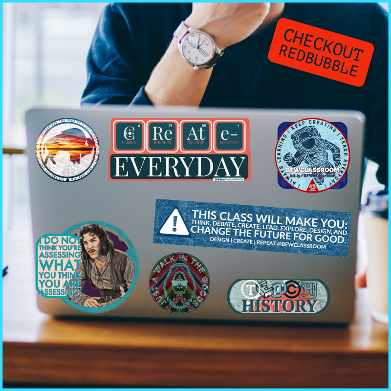 Computer with sticker samples from my Redbubble store